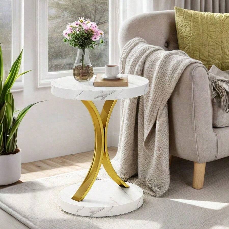 Small Round End Tables Side Table Metal Frame, Faux Marble Top Accent Table Nightstand Modern Style For Living Room Bedroom And Office For Halloween Christmas Decor - trắng - Xem 1