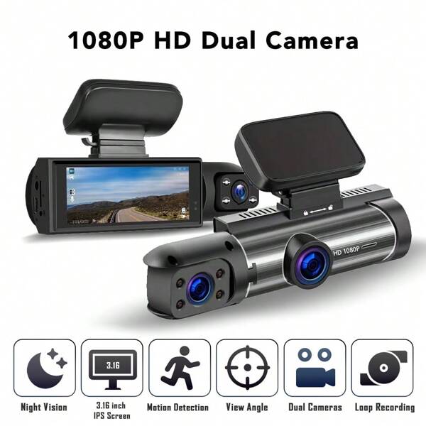 Dash Cam Front und Innen, 1080P 3,16 Zoll IPS Bildschirm Auto Recorder DVR, hohe Definition IR Nachtsicht Loop Record Weitwinkel, kein Wifi