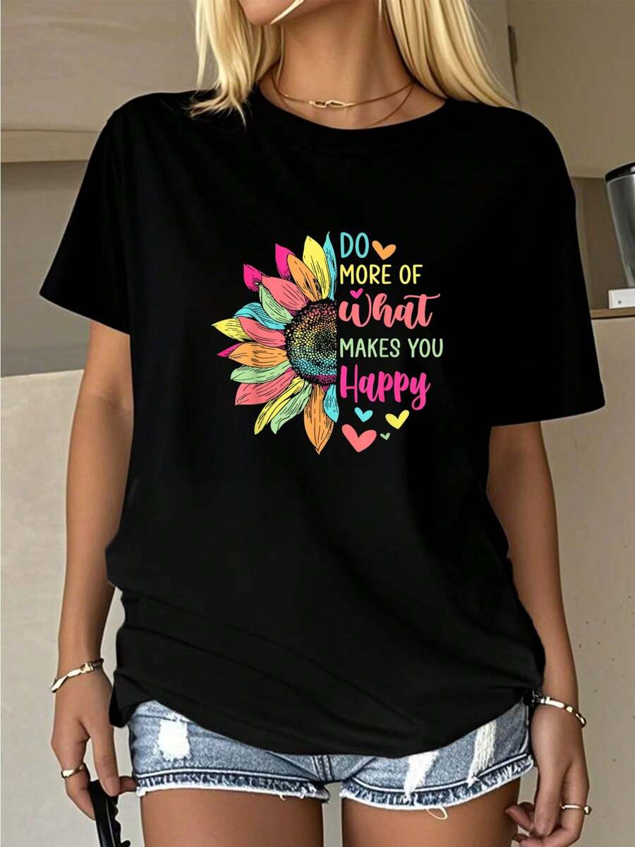 Do More Of What Makes You Happy Positive Quotes Flower Gifts-Shirt         Graphic Tees Women Crop Tops Summer Outfits Women Summer Tops-Shirt - Black - View 1