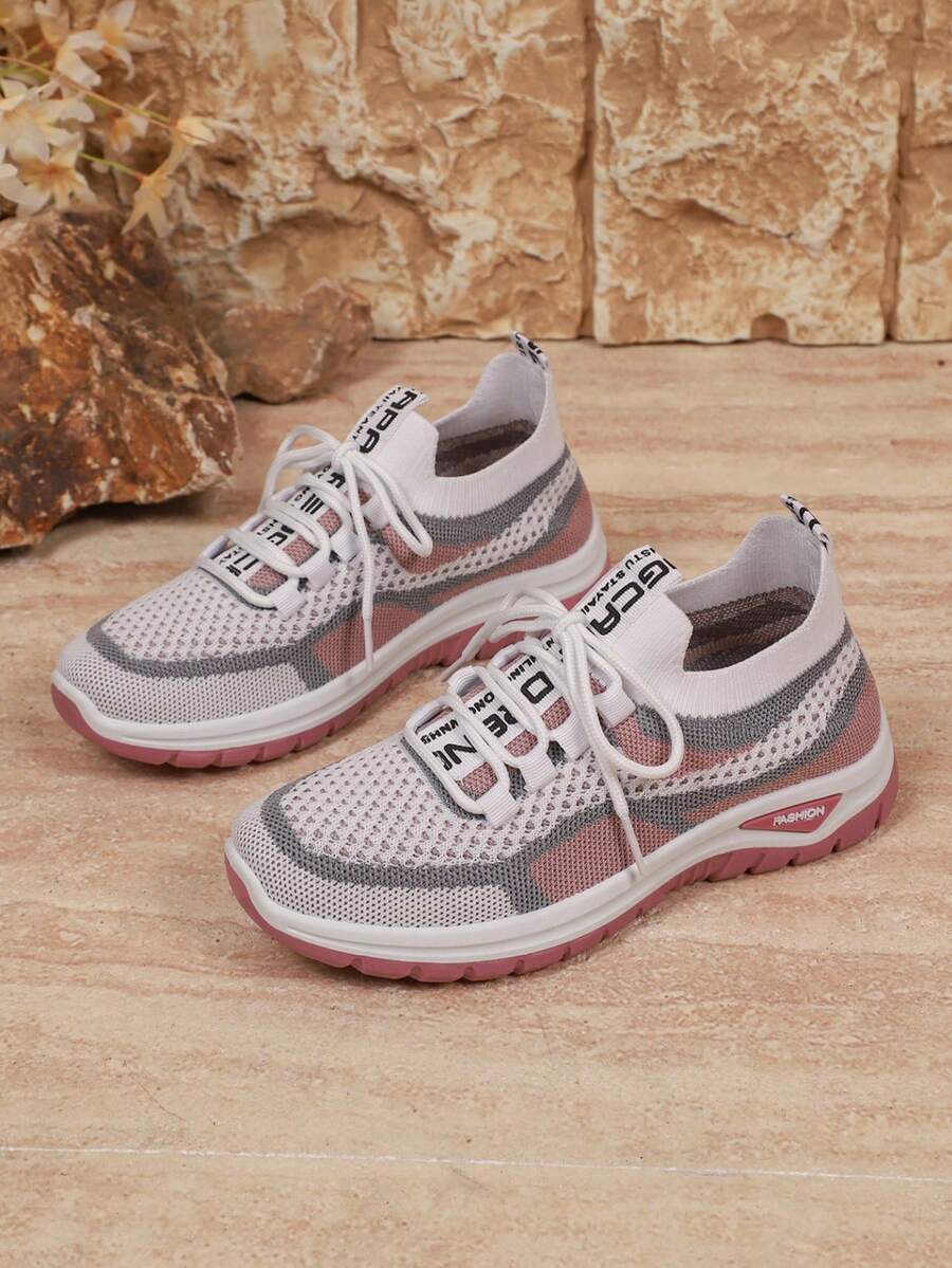 女士休闲轻便透气网眼运动鞋，舒适系带跑步鞋，带随机印花 - 粉色 - 查看 1