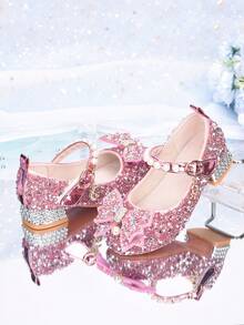 Zapatos de princesa para niñas, bailarinas de moda versátiles para niños, zapatos de pasarela de color plateado para actuaciones, zapatos de tacón alto con decoración de lazo para niñas pequeñas, zapatos brillantes con cristales - Rosa - Ver 5