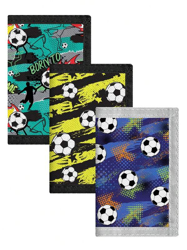 1pc Kids/Teens Tri-Fold Wallet, Cartoon Football Pattern, Zipper Pocket With Keychain Coin Purse Card Slots, Durable Polyester Material, Suitable For Daily Use, Christmas, Birthday Gift
