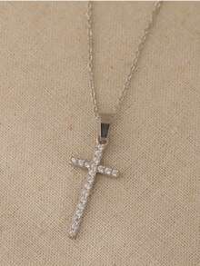 1pc Fashionable Cubic Zirconia Cross Stainless Steel Pendant Necklace, Suitable For Daily Wear, Party And Casual