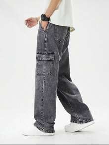 Men's Wide Leg Cargo Jeans And Twill Skate Pants Khaki 6 Pockets Drawstring Closure Unisex - Flint Stone - View 1
