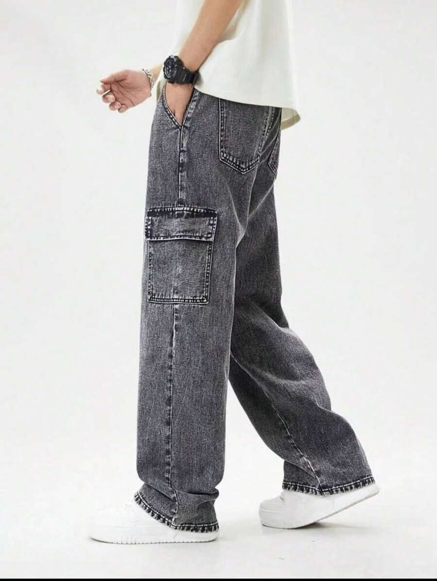 Men's Wide Leg Cargo Jeans And Twill Skate Pants Khaki 6 Pockets Drawstring Closure Unisex - Flint Stone - View 1