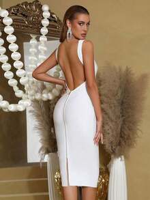 New Sexy Backless Zipper Design Bandage Dress, Women's Plus Size Sleeveless Fitted Knee-Length Bandage Dress, Women's Wedding/Bridesmaid/Party/Formal Occasion Dress - White - View 1