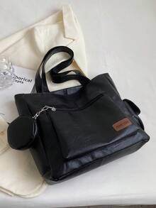 Bộ 2 túi tote bằng da PU họa tiết chữ cái kèm ví đựng tiền xu, túi đeo vai nhiều ngăn, kiểu dáng tối giản thời trang, phù hợp cho nữ giới đi mua sắm, sử dụng hàng ngày, du lịch, đi làm và đi học. - màu đen - Xem 7