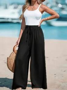 2-Piece/1-Piece Women's Casual Wide-Leg Pants - Four-Season Comfort Stretch Waistband Drawstring Design, Loose-Fit Solid-Color Trousers, Machine-Washable Non-Stretch Fabric, Lightweight Plus-Size Women's Pants, High-Waisted Leggings, Bell-Bottom Pants, Pink & Black + Apricot & Black + Caramel Women's Leggings - 黑色+杏色 - 查看 3