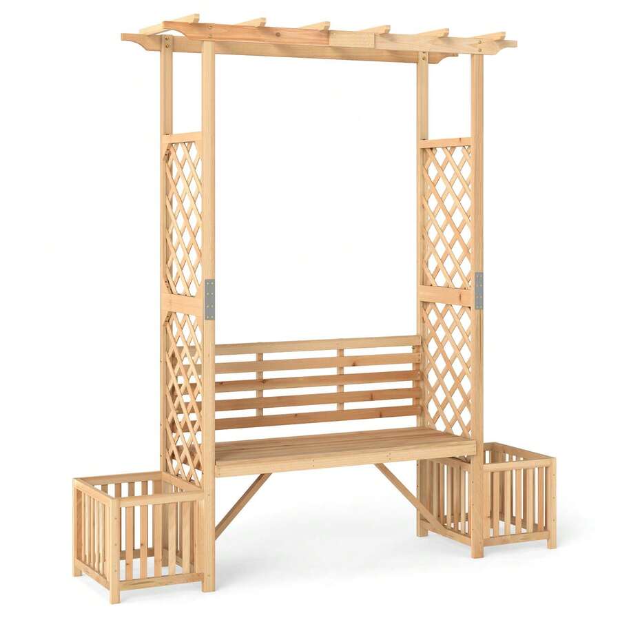 Lifezeal Patio Garden Bench Arbor Arch With Pergola Planting Box Side Trellis For Vines - 自然的 - 查看 1