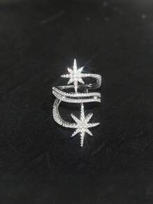 1 件女士白色流星形双层戒指，交叉流星设计，镶嵌方晶锆石，耀眼夺目，适合欧美时尚、日常穿着和派对造型 - 白色 - 查看 2