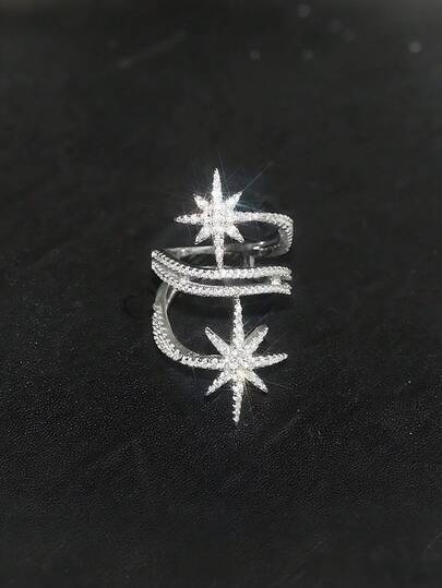 1 件女士白色流星形双层戒指，交叉流星设计，镶嵌方晶锆石，耀眼夺目，适合欧美时尚、日常穿着和派对造型