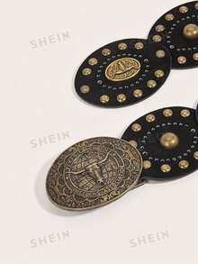 1 条棕色新款公牛波尔卡圆点街头 PU（聚氨酯）女士腰带，适合所有季节 - 黑色 - 查看 3