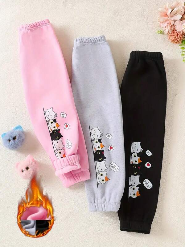 3 pièces Pantalons doublés confortables pour filles, imprimé animal, tissu polaire doux en tricot, vêtements d'hiver décontractés, rose, gris et noir, légèrement extensibles, lavables en machine, mélange de polyester, convenant aux filles en automne/hiver, vêtements pour filles, idéaux pour les pantalons de survêtement en polyester pour l'extérieur, tenue de sport ajustée, convenant aux filles de 12 ans et moins