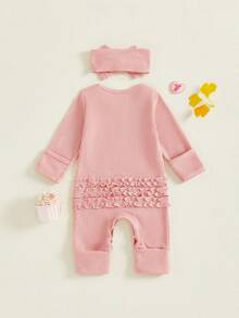 Nebworn Baby Girl Waffle Knit Romper Long Sleeve Ruffle   Fall Winter Clothes Coming Going Home Outfit - 粉色 - 查看 2