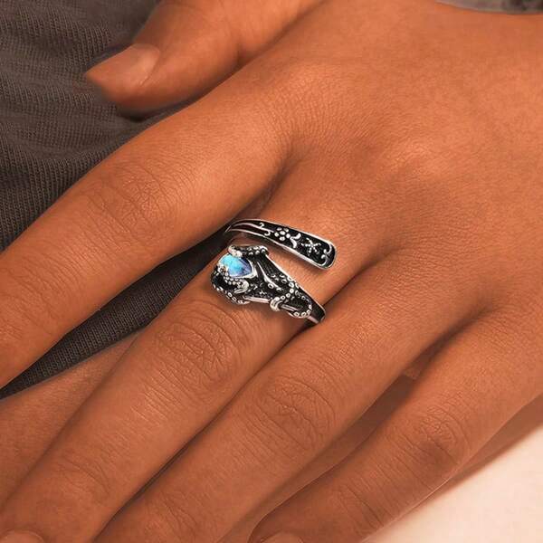 1pc 925 Silver Ocean Themed Creative Octopus, Starfish & Moonstone Adjustable Ring, Suitable For Daily Wear And Gift