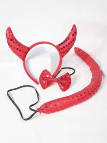 Set de 3 piezas de diadema de cuernos de diablo, moño y cola para disfraz de fiesta de Halloween, adecuado para actuaciones de baile, fiestas y shows de bar - Rojo - Ver 2
