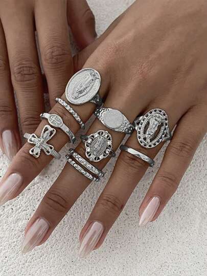 Conjunto de 10 anéis de strass estilo punk da moda com cruz e Virgem Maria, versáteis para uso diário, festa e rua