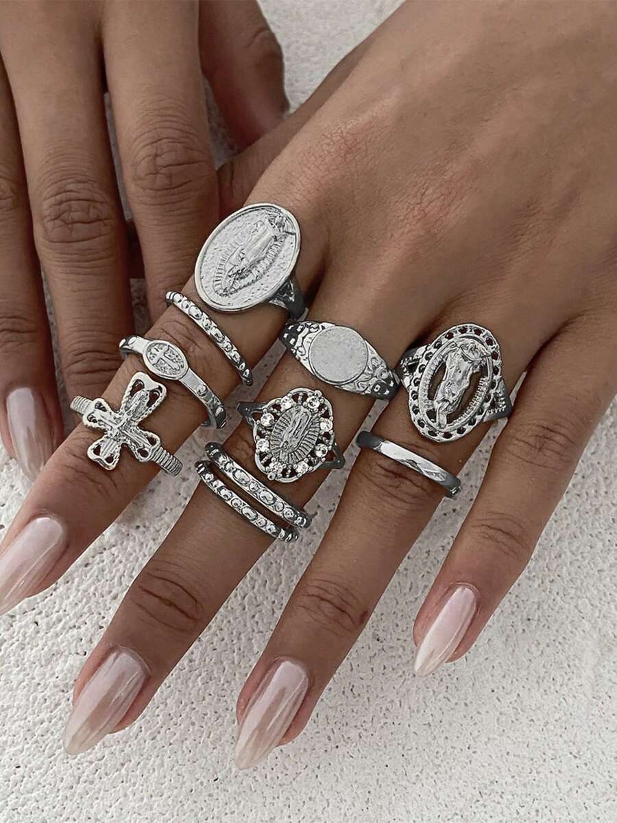 Set da 10 anelli per le nocche alla moda in stile punk con croce e Vergine Maria, con strass, versatili per uso quotidiano, feste e stile di strada