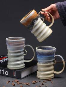 1个500毫升窑烧陶瓷早餐牛奶杯，大容量家用杯，饮水杯，窑烧耳形杯，创意简约复古陶瓷家用办公水杯，厚陶浓缩咖啡杯，复古陶瓷杯，窑烧杯，咖啡杯，手工大容量水杯，厚陶杯 - 彩色 - 查看 5