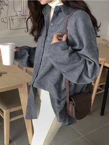 1 chiếc áo khoác sơ mi vải nhung kẻ dáng suông cổ điển, màu trơn dễ phối đồ, phù hợp mặc hàng ngày và đi làm, thích hợp cho mùa thu/đông/xuân. - Xám - Xem 3