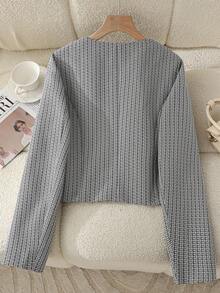 女式短款夹克外套，前襟纽扣，假口袋，黑色格子，秋冬 - 黑與白 - 查看 3