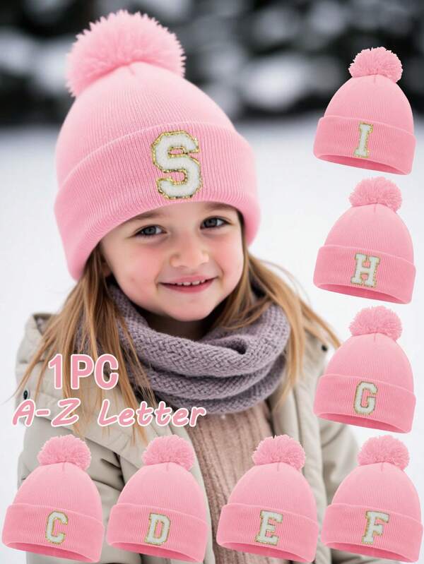 1pc Personalized Embroidered Infant Knit Hat, 26 Letter Knitted Pom Pom Beanie For Toddler Boys And Girls