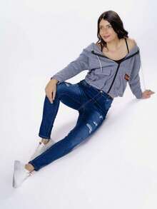 Sudadera con capucha de manga larga para mujer, Chaqueta informal con cremallera Chaqueta con capucha de color sólido con bolsillos y diseño de cordón de ajuste - Gris - Ver 9