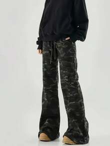 女式休闲复古迷彩印花喇叭裤 - 軍綠色 - 查看 4