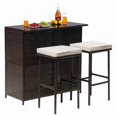 3PCS Patio Furniture Outdoor Bar Set Rattan Wicker Bistro Set With Two Stools