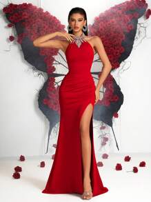 ADYCE 女士华丽水钻露背系带长裙，高腰褶裥设计，适合舞会、派对、正式场合、婚礼等。 - 紅色 - 查看 1