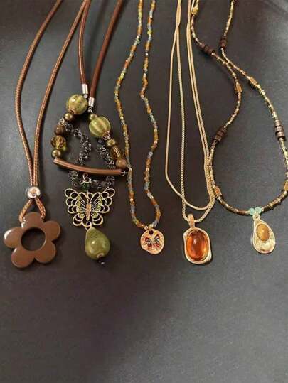 1pc/Set Vintage Brown Natural Stone Pendant Necklace, Women's Fashion Geometric Long Leather Cord Necklace, Sweater Chain Jewelry Gift (The Color Of The Butterfly On The Beads And Discs Is Random)