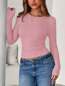 Women Spring And Fall Long Sleeve Shirts Ribbed Crewneck Fitted Basic Tee Going Out Tops Casual Workout Vacation Outfits - 粉色 - 查看 4