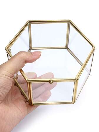 1pc Hexagonal Glass Jewelry Display Box - Decorative Box For Storage And Decoration - Brass Frame, Wedding Gift, Ring, Bracelet, Earring Stand,'s Day, Spring Home Room Decoration, Storage Box For Fashionable Jewelry Collectors For Women Storage Organizer Travel Holiday Essential Fall Decor Autumn Halloween