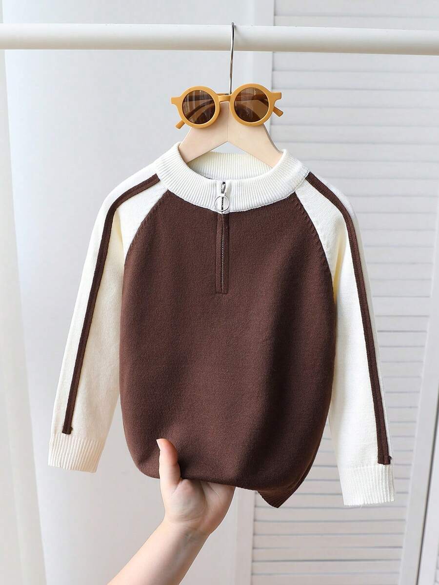 1pc Korean Fashion Contrast Color Collar Half Zip Pullover Sweater For Baby Boys, Blue & Gray
