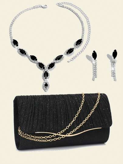 Conjunto de Joias de Colar, Brincos e Pulseira com Strass Elegante para Casamento, Noiva, Moda Feminina, Bolsas de Ombro e Embreagens de Festa, Bolsas de Envelope com Design Verde, Presentes de Natal, Vestidos e Bailes