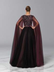 DELLA COUTURE Women's Summer Party Royal Mesh Long-Sleeved Ball Gown Beaded And Appliques Embellished Elegant Fitted Gorgeous Floor-Length Style Ideal For Parties Balls And Other Formal Occasions Long Cocktail Dress Wedding Guest - Black - View 5