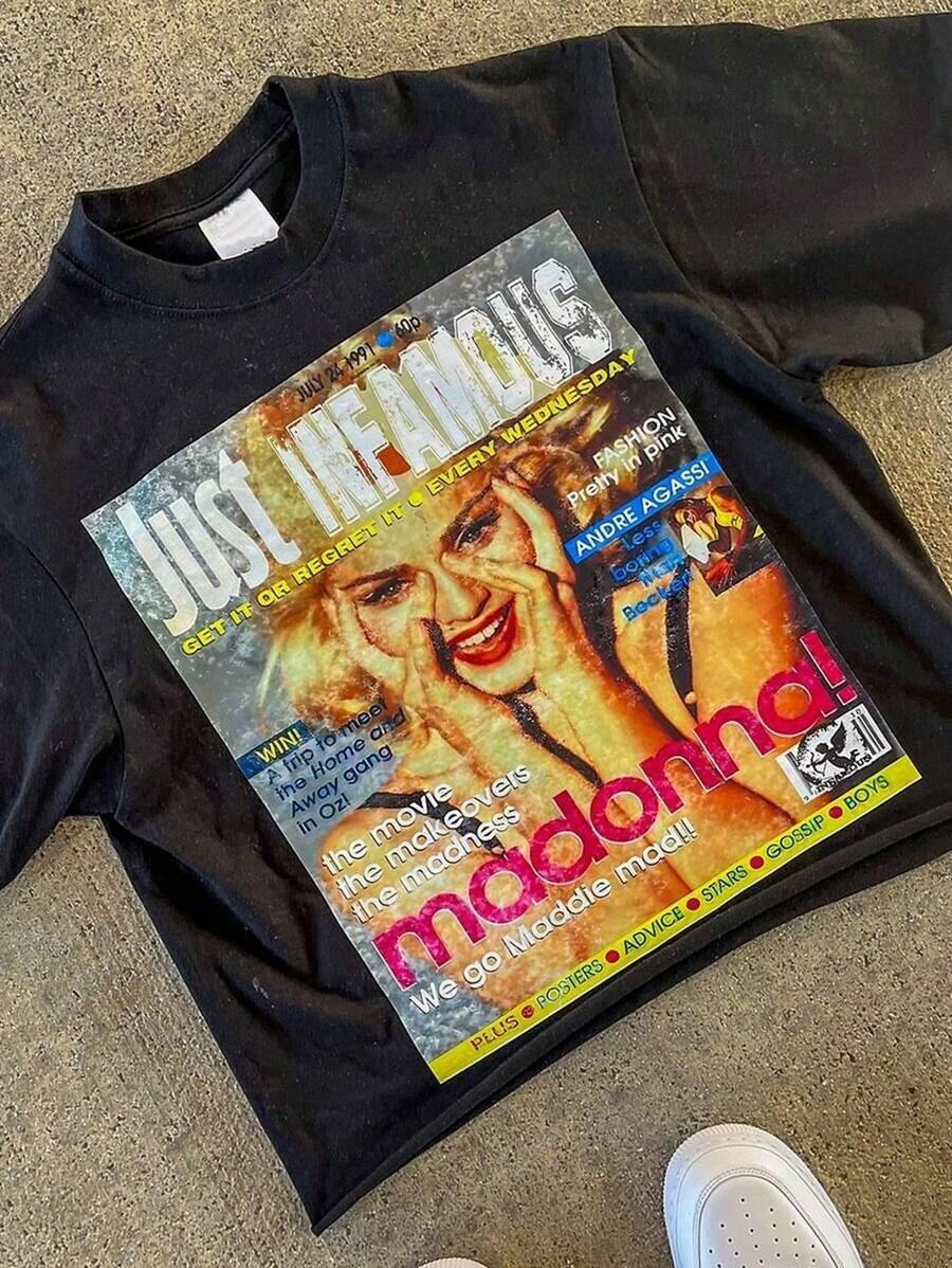 Just Infamous Magazine Cover T-Shirt 180g Pure Cotton Double-Sided Printed T-Shirt, Suitable For Men And Women, The Best Gift For Summer Casual Short Sleeved T-Shirt - màu đen - Xem 1