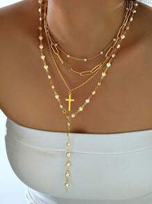 4pcs Elegant Luxurious Sexy Women Friendship Flower Gold Tone Cross Faux Pearl Necklace Set, Layered Long Necklaces For Daily, Party, Wedding Occasions