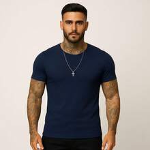 Kit 2 Camiseta Masculina Modelo Americano Canelada Básica - Branco & Azul  Marinho - Visão 3