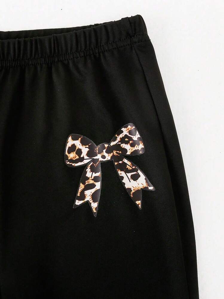 2pcs Girls Leopard Bow Print Short Sleeve Top + Flare Pants Set, Fitted Outfit/Matching Sister Clothes, Back To School - Black - View 8