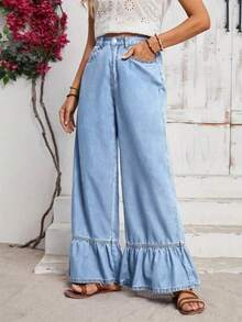 Ruffle Hem Wide Leg Jeans, Relaxed Loose Comfortable Blue Denim Pants, Vacation Style, Suitable For Casual Outings, Travel In Spring, Summer, Autumn And Winter - Blue - View 7