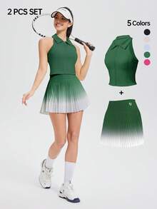 AFZ 2PCS Women's Polo Vest And Ombre Pleated Skirt Set Fixed-Pad Top With Anti-Slip Zipper And Skirt With Inner Shorts And Pockets, Perfect For Summer Sports - 沼澤綠 - 查看 1