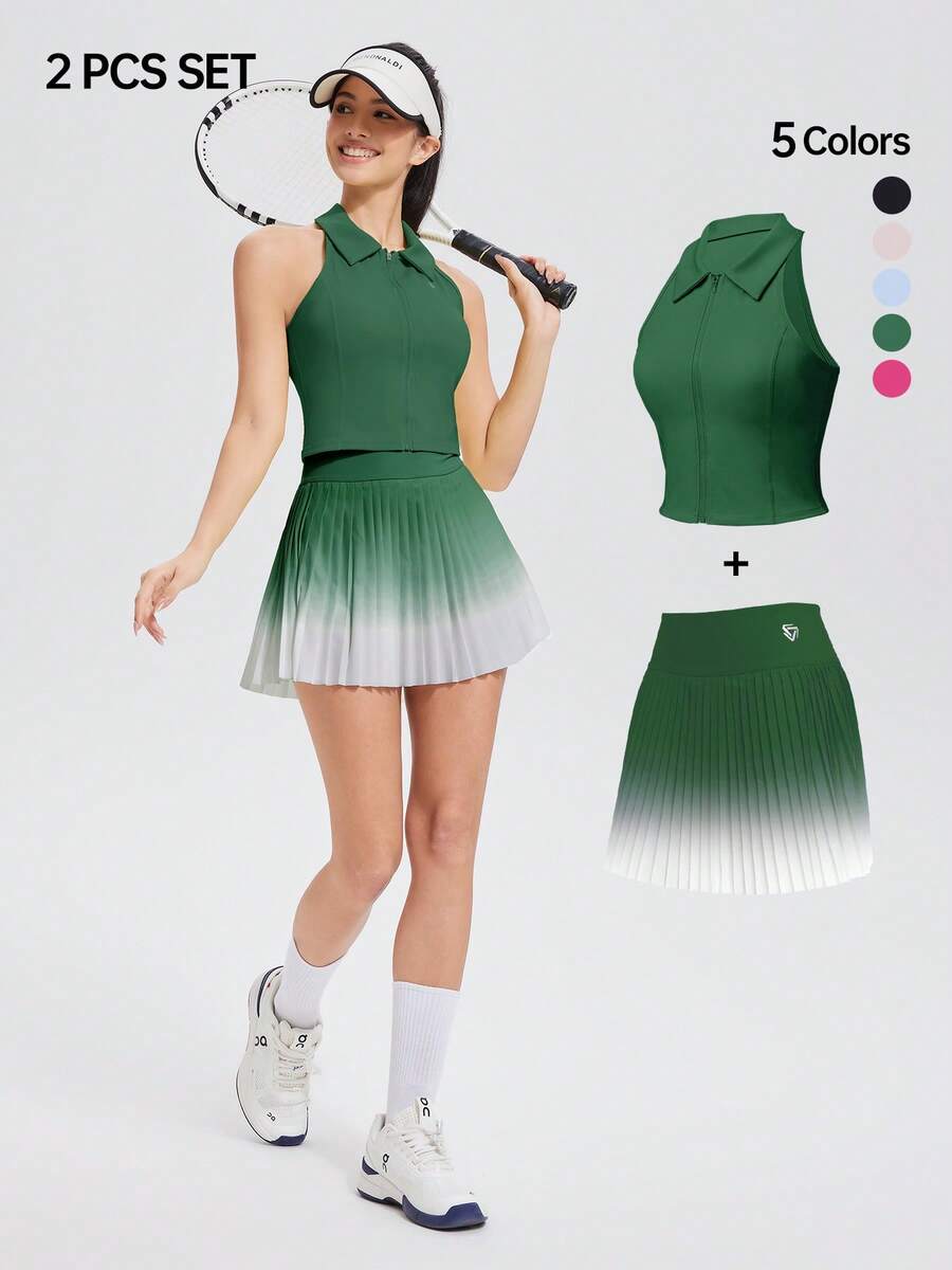 AFZ 2PCS Women's Polo Vest And Ombre Pleated Skirt Set Fixed-Pad Top With Anti-Slip Zipper And Skirt With Inner Shorts And Pockets, Perfect For Summer Sports - 沼澤綠 - 查看 1