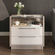 High Gloss End Table With Glass Top, Modern Nightstand With Charging Station, 2-Drawer Bedside Table For Bedroom - Trắng và xám - Xem 3