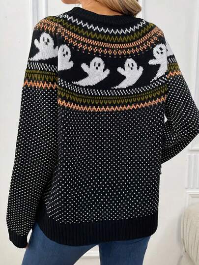 pull femme à col rond tricoté, motif pied-de-poule blocs de couleurs, manches longues, décontracté pour l'automne/hiver