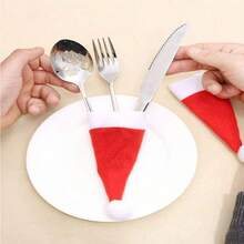 1/10/20pcs Christmas Hat Tableware Holders, Mini Non-Woven Santa Claus Tableware Holders, Lollipop & Wine Bottle Toppers Decor, Suitable For Christmas Party, Thanksgiving And Other Holiday Table Decorations