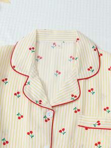 2pcs Women Comfortable Yellow & White Striped Cherry Print Pajama Set, Long Sleeve Button Collar Top And Pants, Casual Sleepwear For Home Use, Autumn/Winter, Fall Clothes