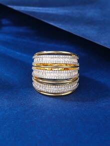 1pc Women's Copper Plated Simple Splice Gold Ring With Inlaid Rhinestones, Stylish Design, Suitable For Gift, Everyday And Holiday Wear - 011278 - View 3