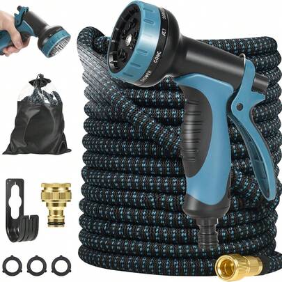 150FT Expandable Garden Hose – Flexible Pipe With 10-Function Spray Gun | 3x Expanding, 3/4" & 1/2" Brass Quick Connectors (Watering/Cleaning)