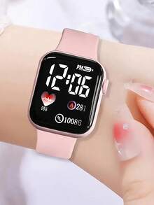 6件套时尚简约LED方形数字手表及粉色蝴蝶手链项链耳环戒指首饰套装，儿童返校礼物，无包装盒